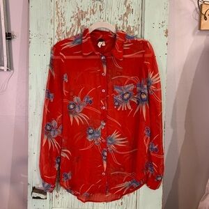 Women’s We The Free red sheer collared floral L/S button down sz M Preloved